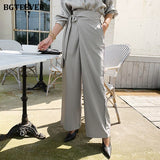 Elegant Lace-up Women Solid Suit Pants High Waist Pockets Loose Female Wide Leg Pants 2021 Summer Ladies Trousers-Outfit
