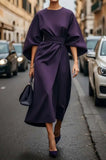 Women's Fashion Temperament Elegant Solid Color Waist Dress Casual Bat Sleeve