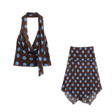 New Thin Scarf Wave Dot Hanging Neck Top Asymmetric Dress Set Women 3756352