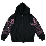Graphic Print Hoodies Autumn Hooded Zipper Ribbon Women Sweatshirt Streetwear Goth Black Oversized Couple Jacket