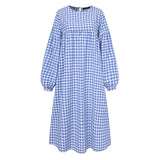 Check Dress 2022 ZANZEA Vintage Autumn Dress Casual Puff Sleeve Midi Vestidos Female O Neck Robe Femme