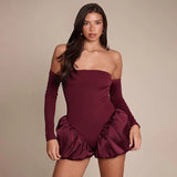 Solid-Colored Slanted Shoulder Belted Hip Dress With Folded Side Bandage In Summer