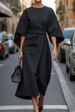 Women's Fashion Temperament Elegant Solid Color Waist Dress Casual Bat Sleeve