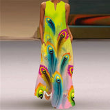 Flower Printed Long Summer Pocket Sexy V-neck Sleeveless Dresses for Women Party Bohemian Ankle-Length Vintage