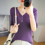 Woherb 2024 New Short Knit Women's Fashion Slim Short-Sleeve T-Shirt Thin Medium Sleeve Top-Outfit