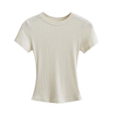 Trend Women's Wear Thread Slim Short-Sleeved T-Shirt Sexy Round Collar Solid Color Shoulder Show Thin Short Navel Blouse-Outfit