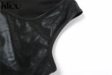 Kliou Simple Faux PU Leather Two Piece Set Women Concise Skinny Sleeveless Vest+ Sexy Unique Cut Out Skirt Streetwear