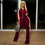 Kliou Solid Velour Two Piece Set Women Simple Casual Zipper Long Sleeve Turtleneck Top+Bandage Lace Slim Female Wide Leg