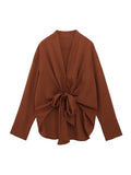 2023 Women Summer Loose Shirts Blouses Tops Fashion Solid Asymmetry Drawstring Female Street V-Neck Top Smock Clothing-Outfit