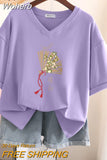 100% Cotton L-5XL Plus Size T Shirt Print Short Sleeve Women's Top Japanese Summer Sweet Couple V Neck Oversize T Shirts-Outfit
