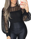 Women Fashion Black Patchwork Sheer Shirt Female Long Sleeve Top Oversize Brief Sheer Grid Mesh Yoke Casual