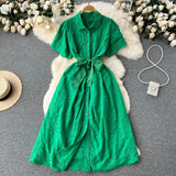 Gentle Wind Turn Collar Bubble Sleeve Medium-Long Shirt Skirt Lace Thin Hollow-Out Design French Dress-Outfit