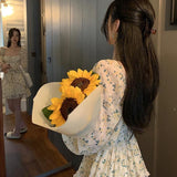 Sleeve Dresses Women French Style Floral Aesthetic Chiffon Autumn Students Square Collar Elegant Tender Casual Stylish