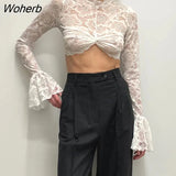 Lace See Through Petal Long Sleeve T-shirt Women Hollow Out O Neck Slim Patchwork Top Sheer Tees Fashion Streetwear-Outfit