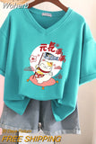 100% Cotton M-6XL T Shirt Japanese Cartoon Anime Tshirt Short Sleeve Women's Top Summer Couple V Neck Oversized T Shirts-Outfit