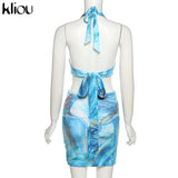 Kliou Tie Dry Two Piece Set Women 2021 Sexy Halter Sequined Beachwear Cleavage Crop Top+Mini Skirt Suit Female платье