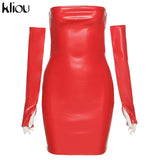 Kliou Faux PU Leather With Gloves Party Dress Women Backless Sexy Hot Clubwear Skinny Slim Solid Fashion Bodycon Mini