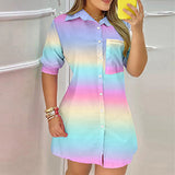 hirigin Elegant Turn Down Collor Shirt dress Women Casual Short Sleeve Leopard Patchwork Button Front Pocket Colorblock
