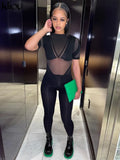 Kliou Mesh Patchwork Jumpsuits Women Fashion Skinny Short Sleeve Zipper Elastic Cleavage Rompers Streetwear Female
