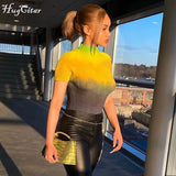 2021 Short Sleeve O-Neck Gradient Summer Women Fashion Streetwear Tshirts Y2K