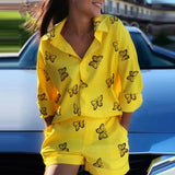 Women Shirts 2 Piece Set Casual Solid Lapel Long-sleeved Blouses And Shorts Suits Female Loose Streetwear Outfits
