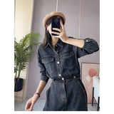 Woherb Shirt Denim Dress Female Summer 2024 New Retro Waist Show Thin Medium Long Denim Skirt-Outfit