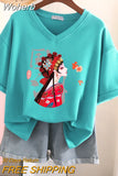 100% Cotton M-6XL T Shirt Print Tshirt Short Sleeve Women's Top Summer Chinese Style Couple V Neck Oversized T Shirts-Outfit