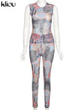 Kliou Mesh Paisley Print Two Piece Set Women Skinny O-Neck Sleeveless Top+ Multi-Color Pencil Pants Streetwear Female