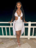 Kliou Tassel Hollow Out Mini Dress Women Sexy Halter Sleeveless Cleavage Backless Lace Up Sheath Skirt Party Clubwear Lady