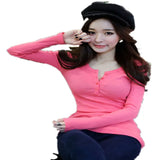Woherb 2024 Buttons And Thread Solid Color Long Sleeve T-Shirt Women's Slim Korean New Top Bottom Shirt Outside The