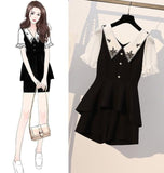 Summer New Korean Women Sets Patchwork Blouse And Casual Shorts Female