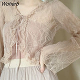 Shirts Women Long Sleeve Thin Lace Ruffles Hollow Out Slim Elegant Sweet Lovely Lolita Trendy Leisure Retro Chic Womens-Outfit