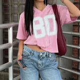 Woherb Spice Style Oversize Letter Print Short-Sleeved T-Shirt V-Neck Loose Slim Base Top-Outfit