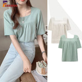 Cotton Linen Tops Summer Casual Cute Sweet Preppy Style Girls Square Collar Green Women Shirts Blouses Vintage