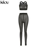 Kliou Sexy Sleeveless Cross Top And Pants Two Piece Set Women Solid Club Outfits Midnight Party Wear See Through Skinny