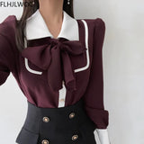Women's Cute Bow Tie Tops Preppy Style Vintage Japan Korea Design Single Breasted Button Elegant Formal Red Black Shirts