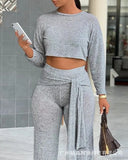 Women 2pcs Clothes Suit Solid Color Casual Long Sleeve Crop Top & Tied Detail Loose Wide Leg Pant Set-Outfit