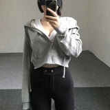 Hat Hoodies Women Spring Crop Top Solid Zip-up Zippers Ins Simple Leisure Loose Womens Outwears Hooded Jogger Korean Daily-Outfit