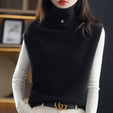 Woherb Sweater Vest Women Autumn Winter New Turtleneck Solid Color Sleeveless Top Loose 100%Pure Wool Knitted Waistcoat Female 1127-1-Outfit