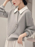 Gray Fake Two Knitted Sweater Women's Autumn And Winter Korean Atmosphere Relaxed Leisure Polo Collar