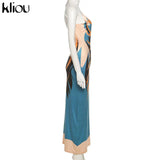 Kliou Aesthetic Print Camis Maxi Dress Women Loose Sleeveless V-Neck Cleavage Backless Casual Silky Sexy Party Midnight