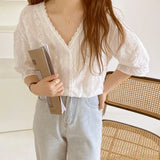 Lace White Shirt Women Summer Short Sleeve Loose Casual Blouse Women Cotton Vintage Floral Slim Female Tops Blusas 14272-Outfit
