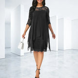 Plus Size Dress Chiffon Dresses Women New Fashion Chiffon Overlay Three Quarter Sleeve Stitching Irregular Hem Lace