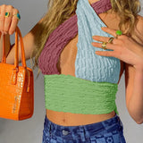 Casual Textured Colorblock Halter Crop Top Summer 2021 Women Fashion Criss Cross Backless Sexy Beach Tank Hollow