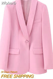 Women Elegant Pink Pocket 2 Piece Set Fashion Single Breasted Long Sleeve Coat High Waist Pants Suits Chic High Street Outfits-Outfit
