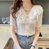 Chic Ruffle Blouse Women Shirt White Chiffon Lace Blouse Sweet V-neck French Vintage Palace Style Short Sleeve Tops