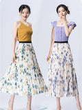 Spring Summer Floral Printed Chiffon High Waist A-Line Skirts Women Elegant Midi Length Polyester Pleated Skirt QT1751-Outfit
