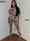 Kliou Mesh Paisley Print Two Piece Set Women Skinny O-Neck Sleeveless Top+ Multi-Color Pencil Pants Streetwear Female
