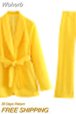 Women Fashion Solid Lace Up Blazer Set Chic Lapel Long Sleeved High Waist Pants Suit 2023 Spring Office Ladies Elegant Outfits-Outfit