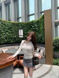 Sexy Shirts Skinny Grey Y2k Long Sleeve Pleated Elegant Chic Korean Fashion Streetwear Outer Wear Layer Top Office Lady